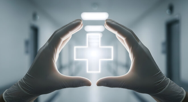 Medical professional hands holding glowing plus sign icon representing global health care.