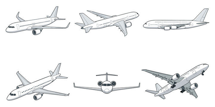 Commercial airplane collection of passenger jet airliner graphics for global flight travel vector illustration