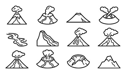 Generic volcanic eruptions and lava flows vector icon set with simple bold line art classic complete unbranded magma mountain smoking crater ash cloud and geological nature clip art black and white © Mdsahag