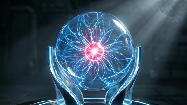 Futuristic glowing plasma ball with dynamic electrical discharges in a dark sci-fi laboratory setting, emitting vibrant blue and pink light beams.