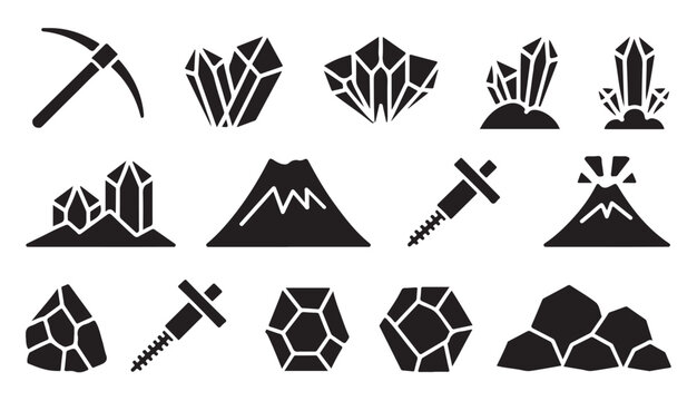 Set of mining and geology icons with crystals pickaxe volcano black silhouette vector.