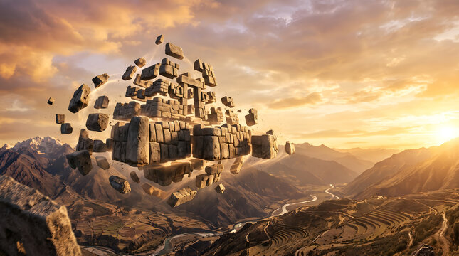 Floating ancient incan stone ruins over andean valley at sunset