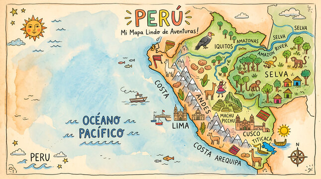 Illustrated map of peru with landmarks, animals, and geographical regions