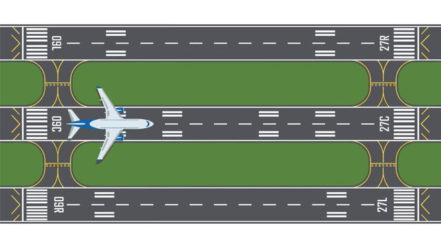 Parallel airport runways with commercial airplane taxiing on airfield vector illustration for layout design