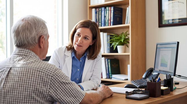 female doctor talking to senior man at office desk.bookshelf and potted plant background private practice
