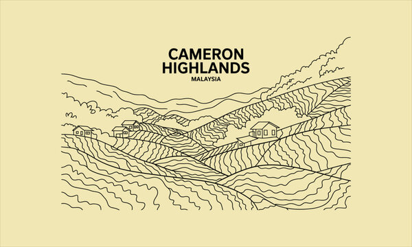 Linear of cameron highlands tea plantation landscape with houses in malaysia