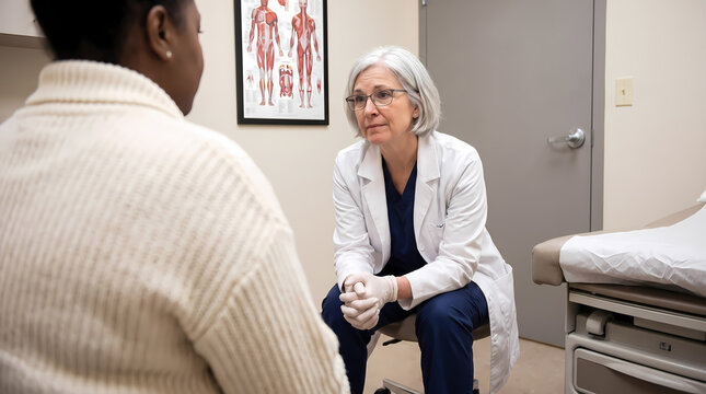 female doctor talking with patient in exam room.anatomy poster on wall and exam table with paper covering
