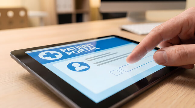 finger tapping patient portal login on flat tablet.blurred computer monitor wooden desk background technology