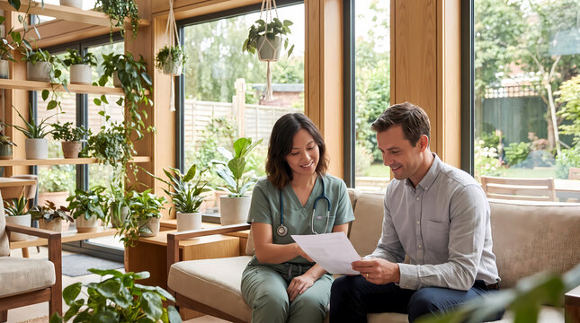 man and woman reviewing paper document on sofa.bright plant filled sunroom with wicker chair and garden view