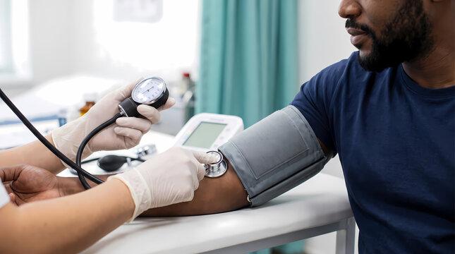 nurse checking patient blood pressure with digital gauge monitor.hospital bed visible in background closeup
