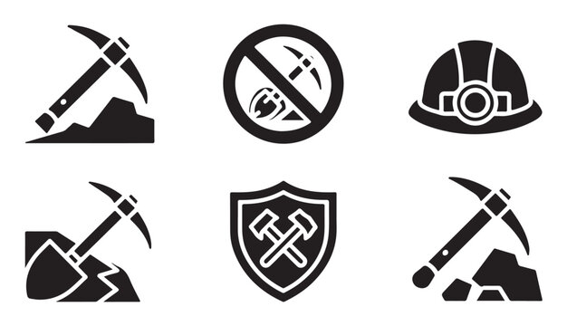 Set of isolated mining equipment icons featuring pickaxe shapes and hard hat headgear.