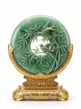 Premium jade bi disc decorated with flourishing bamboo grove and two realistic swallows, translucent green jade, glossy gold cloud base, luxury oriental collectible, isolated on pure white background