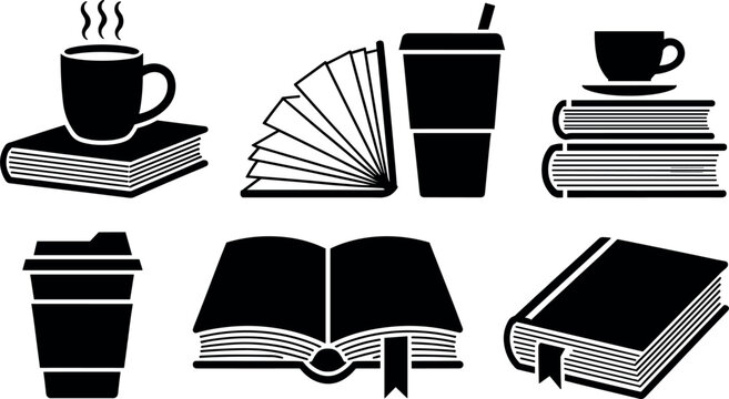 Cozy Study and Reading Icon Set Featuring Open Books Hardcover Notebooks Steaming Coffee Mugs and Disposable Takeaway Cups Silhouette Vector Graphics