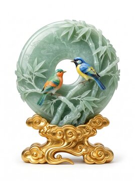 Luxury celadon jade sculpture featuring two colorful songbirds resting on bamboo branches, translucent jade disc, polished metallic gold cloud pedestal, elegant oriental home decor