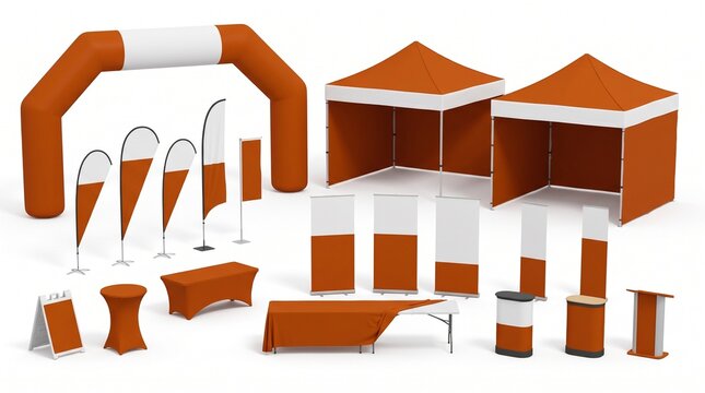 Orange and White Event Branding Kit: Tents, Arch, Flags, and Banner Mockups