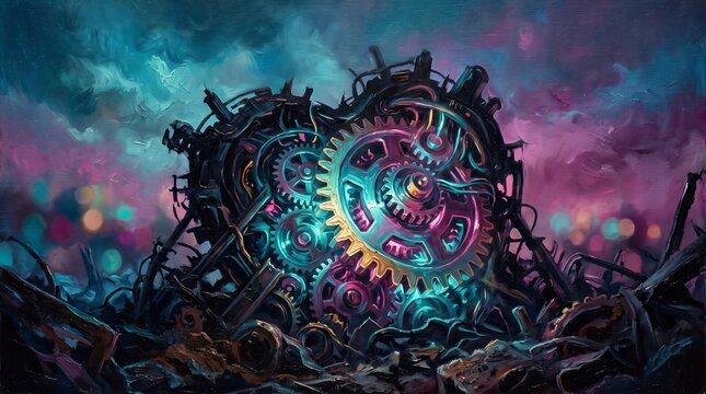 Intricate teal and gold clockwork gear mechanism sculpture