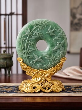 Premium jade bi ornament with realistic bamboo stems, graceful birds and luxurious golden cloud pedestal, elegant oriental style, soft studio lighting, ultra detailed, photostock ready.