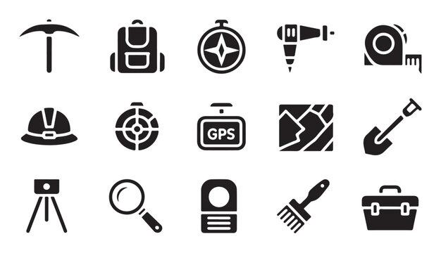 Geology icons set featuring pickaxe compass map and tools for excavation and exploration.