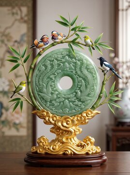 Premium jade bi ornament with realistic bamboo stems, graceful birds and luxurious golden cloud pedestal, elegant oriental style, soft studio lighting, ultra detailed, photostock ready.