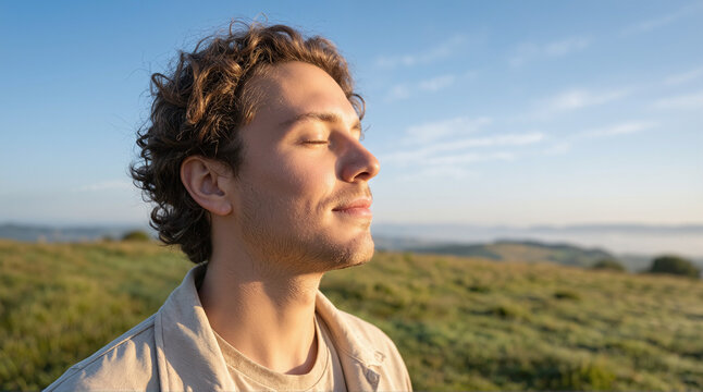 Young man enjoying fresh air and mindful breathing outdoors during golden hour promoting wellness and mental health
