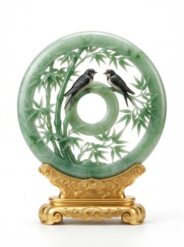 Premium jade bi disc decorated with flourishing bamboo grove and two realistic swallows, translucent green jade, glossy gold cloud base, luxury oriental collectible, isolated on pure white background