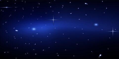 PrintStarry night sky background with glowing stars, cosmic dust, and blue nebula clouds, abstract vector illustration. Magical space atmosphere, realistic sparkle effect and falling or flying meteor © fais