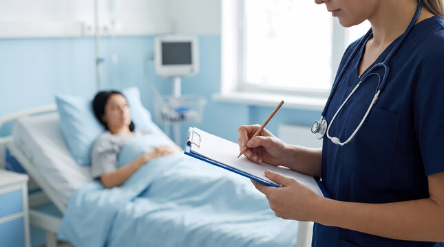 nurse in scrubs writing on clipboard in hospital room.patient sitting in bed with medical monitor background