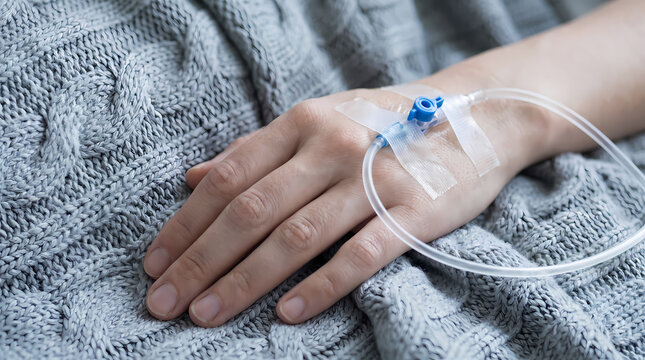 close up hand with IV cannula and tubing inserted.gray knit blanket texture hospital patient care
