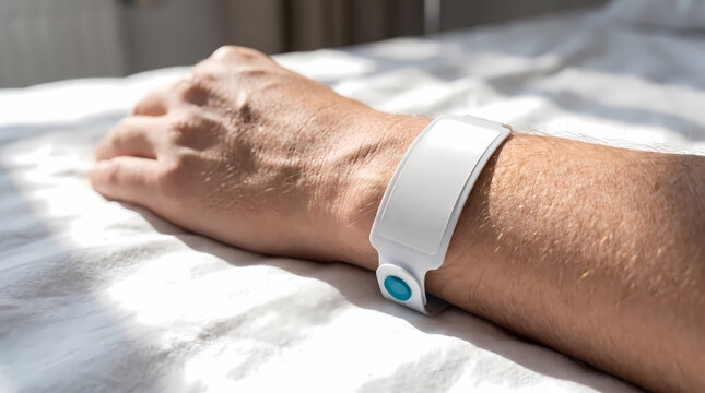 close up patient wrist wearing hospital id wristband in sunlight.white bed sheets background hospital room
