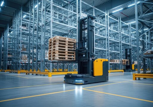 Modern automated guided vehicle forklift operating in a large logistics warehouse, moving wooden pallets between metal storage rack systems, floor, center, technology