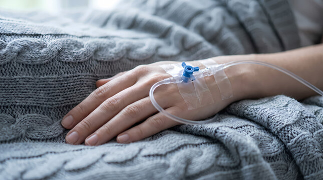 close up patient hand with IV cannula inserted.resting on gray knit blanket hospital bed
