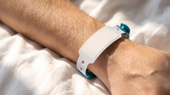 close up patient arm wearing hospital id wristband.white and teal band resting on white bed sheets
