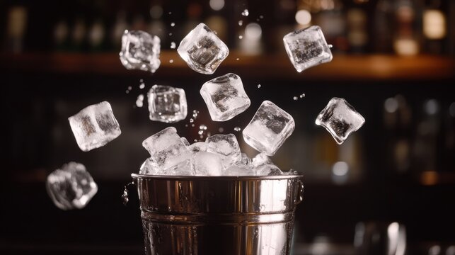 Clear ice cubes dramatically falling into a metal bucket on a dark bar counter. Dynamic concept