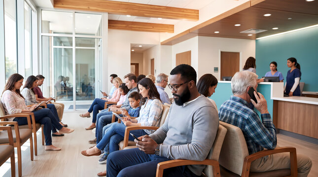 diverse patients seated in modern hospital waiting room.reception desk with staff and wood paneled ceiling background