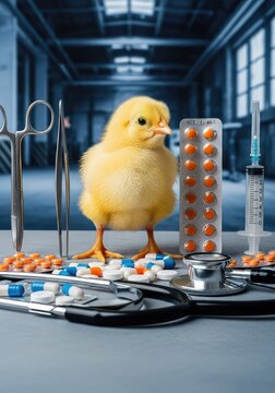 Piccolo pulcino giallo tra strumenti medici e pillole in un ambiente industriale, simbolo del contrasto tra benessere e allevamento intensivo, gabbia, gallina, cibo