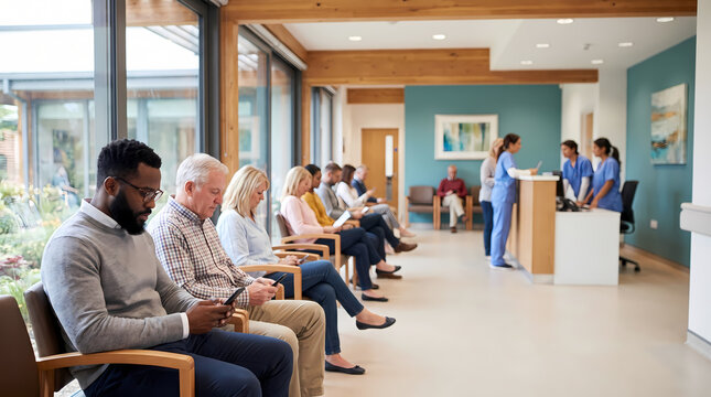 patients seated in hospital waiting room with wood ceiling.medical staff at reception desk in bright modern space