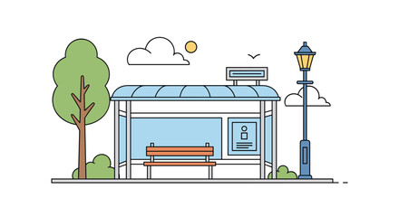 Naklejka premium Detailed color line illustration of a modern bus stop station with a bench, informational sign, street lamp, and a green tree in a park.