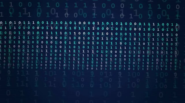 Abstract digital binary code stream flowing across a dark blue futuristic cyberspace background