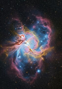 Vibrant cosmic nebula featuring brilliant swirling gas clouds of pink, blue, and gold amidst a dense field of glittering distant stars, cosmos, dust, physics