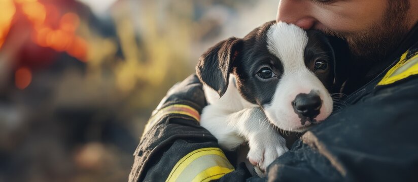 Close view of a brave firefighter in uniform gently holding a rescued small puppy. Rescue and hero concept