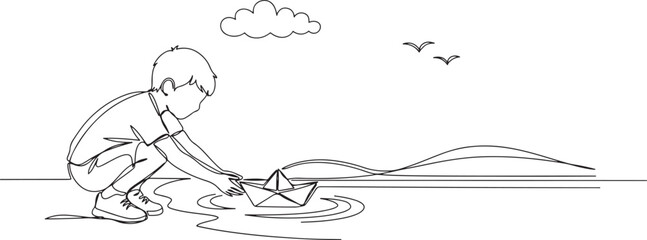 Obraz premium Boy playing with paper boat on water, single line art. Children's Day. one line Art icon drawing vector