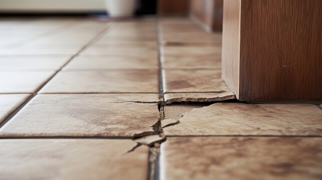 Close up of broken and cracked ceramic floor tiles in a residential building room. Need for renovation