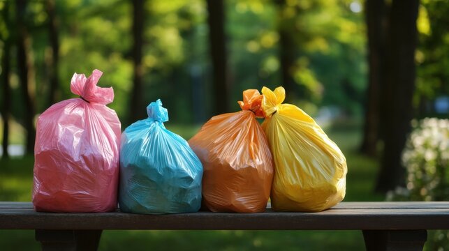 Row of bright colorful biodegradable garbage bags sitting on a wooden bench in a green park. Waste sorting
