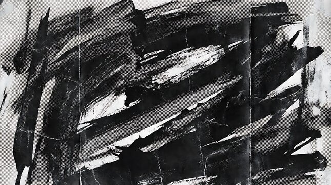 Abstract black and white ink brush strokes creating a dynamic textured surface with distressed paper and halftone dot patterns conveying a sense of raw energy and artistic expression
