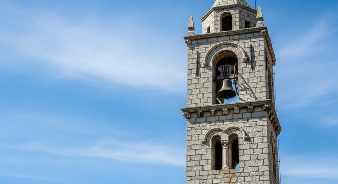 A historic stone bell tower of a classic church rises toward a blue sky, featuring intricate details and an old iron bell at the very top, roof, steeple, iron
