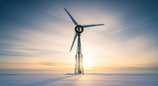 A majestic wind turbine stands tall in a vast snowy field, adorned with colorful holiday lights and a festive wreath for the winter season, lights, sustainability, hills