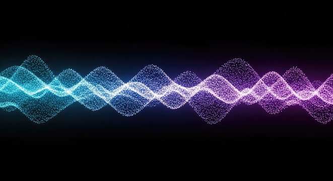 A mesmerizing display of futuristic digital waves flowing with vibrant glowing blue and purple light particles across a dark background, purple, modern, high-tech