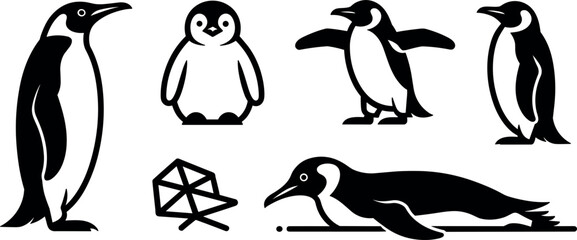 Penguin Icon Set Featuring Cute Emperor Penguins in Various Poses Including Swimming Standing and Baby Chick Silhouette Vector Graphics for Wildlife Designs © Donal! 
