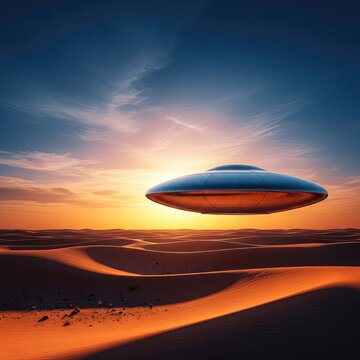 A mysterious metallic disc shaped craft hovers silently over a vast arid desert landscape under a glowing sunset sky with shadows on dunes, cosmic, flying, fiction