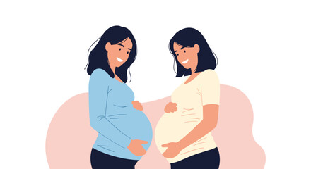 Fototapeta premium Two smiling pregnant women standing together and touching their bellies while celebrating their motherhood journey and friendship.
